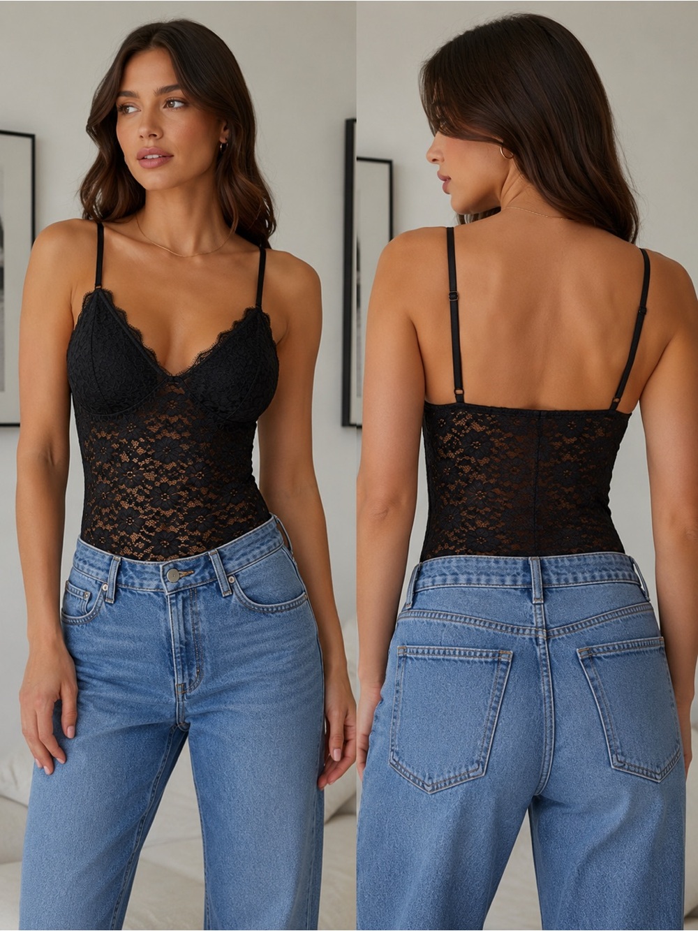 New Black Lace Bodysuit with Delicate Lace Trim, Made in Italy, Size S